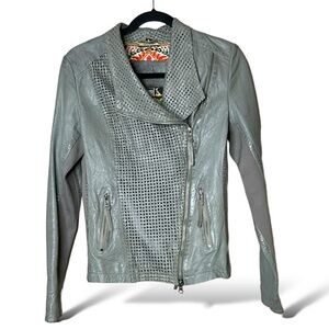 BANO EEMEE Genuine Leather Moto Jacket Zip Pockets Grey / Green Colour US Sz 6